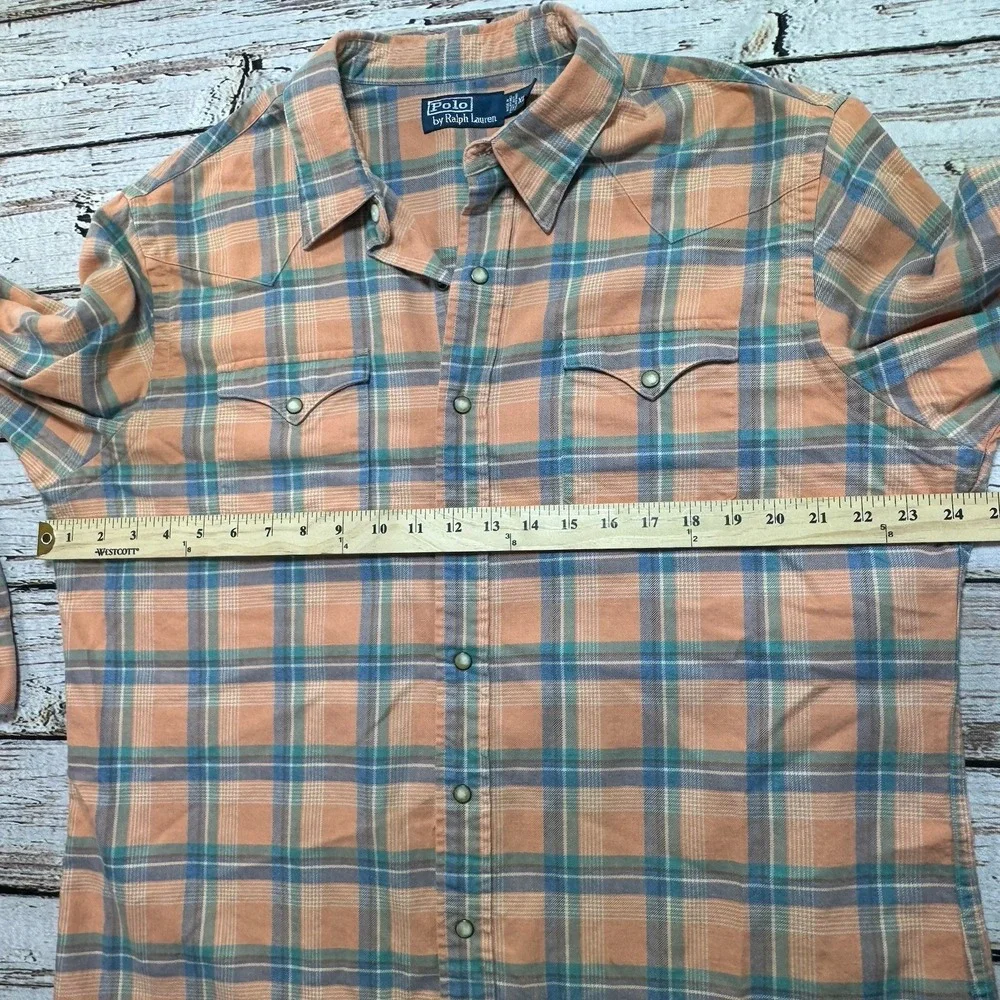 Vintage 90s Polo by Ralph Lauren Men's Peach Plaid Pearl Snap Western Shirt XL
